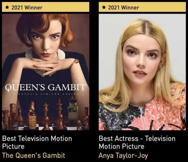 THE QUEEN‘S GAMBIT wins Best Television Limited Series and @anyataylorjoy wins Best Actress at the 2021 @goldenglobes. Congratulations to all cast and crew involved @netflix 💥